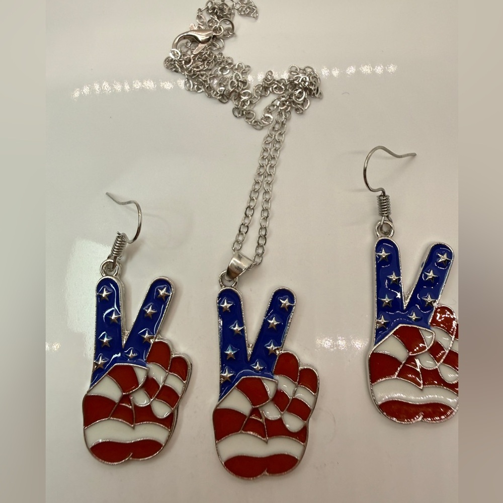 American Flag Peace Sign Necklace Earrings Set Patriotic Jewelry